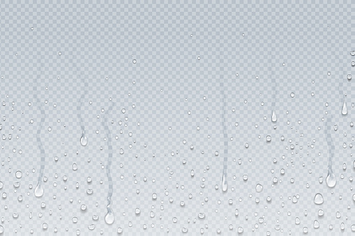 Water drops background. Shower steam condensation drips on transparent glass, rain drops on window. Vector realistic water drops