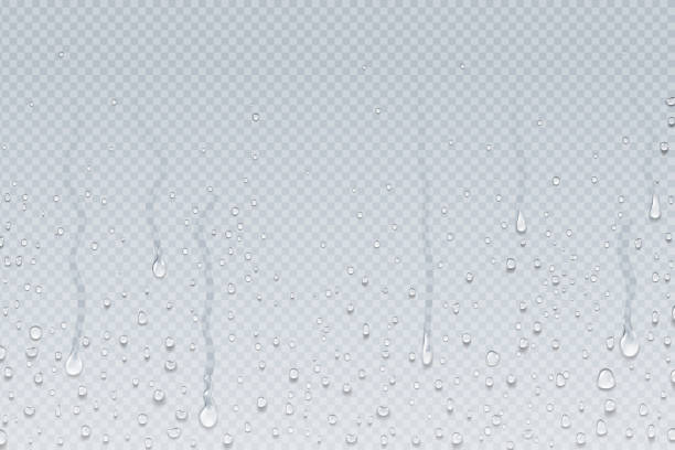 Water drops background. Shower steam condensation drips on transparent glass, rain drops on window. Vector realistic water drops Water drops background. Shower steam condensation drips on transparent glass, rain drops on window. Vector realistic shower water drops blue condensation stock illustrations