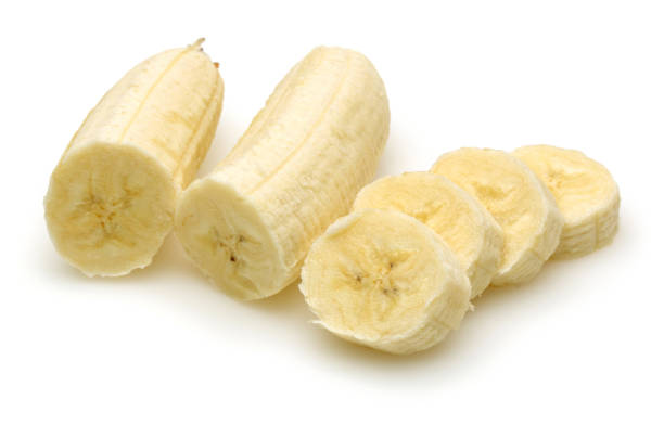 istock Peeled banana slices isolated on white 1147374348