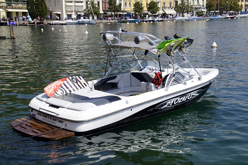 Salo, Italy - April 22, 2019: Moomba wakeboard boat in the harbor of Salo.