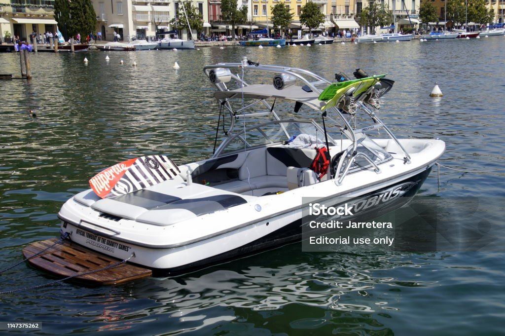 Moomba wakeboard boat Salo, Italy - April 22, 2019: Moomba wakeboard boat in the harbor of Salo. Wakeboarding Stock Photo