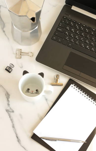 istock flat lay,  top view women's office desk . Female workspace with laptop, notebook, cup for coffee on marble background. Copy space. 1147380317