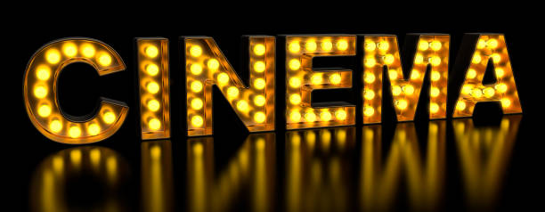 istock Cinema signboard from golden light bulb letters, retro glowing font. 3D rendering 1147385900