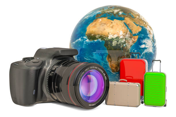 istock Travel concept with digital single-lens reflex camera, 3D rendering isolated on white background. 1147385919