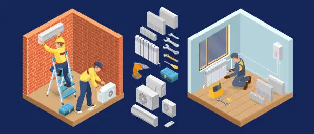 Vector illustration of Conditioner service. Heating service. Isometric interior repairs concept. Vector.