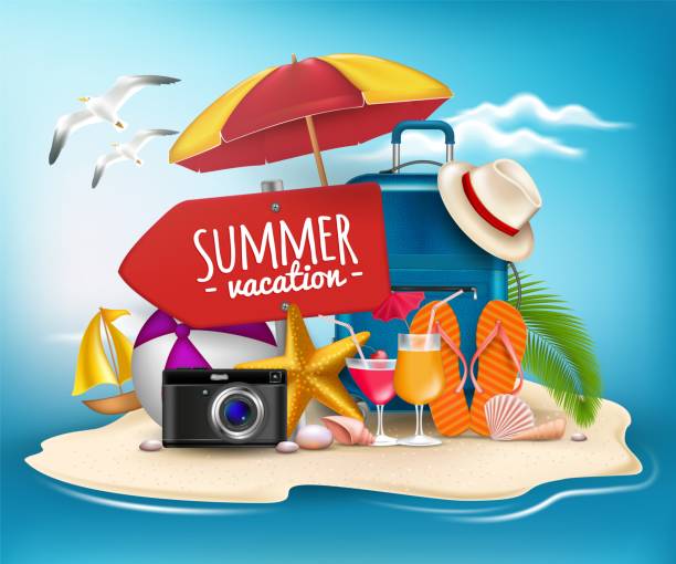 ilustrações de stock, clip art, desenhos animados e ícones de 3d realistic summer vacation poster design for travel in a sand beach island in horizon. vector illustration. vector - slipper beach backgrounds sea