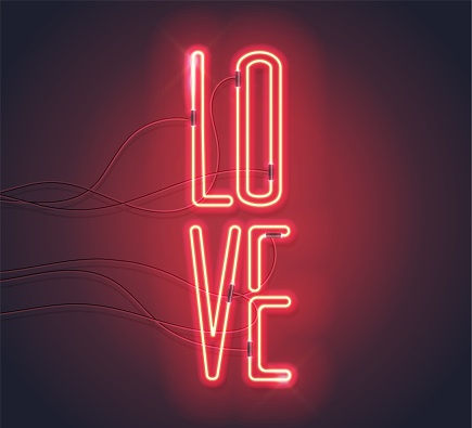 Neon sign. Retro neon Love sign on purple background. Design element for Happy Valentine's Day. Ready for your design, greeting card, banner. Vector illustration