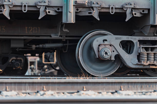 istock Railway carriage stands on the rails. Wagon wheels. Rails. 1147387882