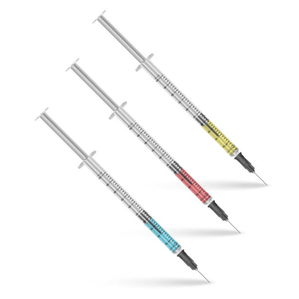 ilustrações, clipart, desenhos animados e ícones de seringa 0,5 ml do insulin com os líquidos multi-colored em um fundo branco. - 6723