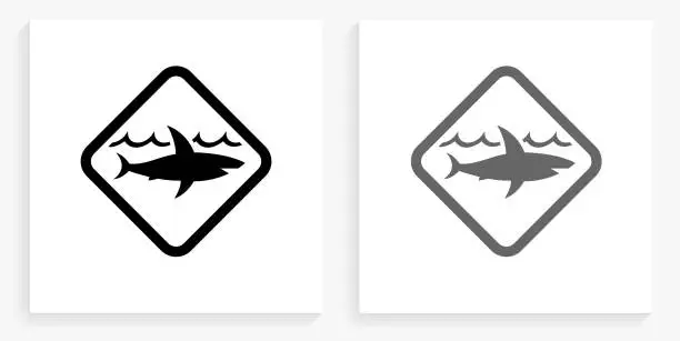Vector illustration of Shark Warning Sign Black and White Square Icon