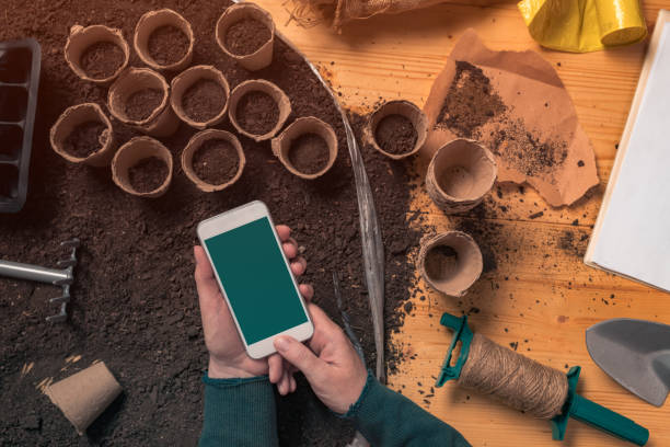 istock Smartphone mock up in hands of organic gardener 1147393218
