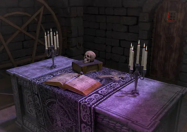 A scene of a dark ritual altar, with a book, a skull, a dagger in a creepy abandoned room.