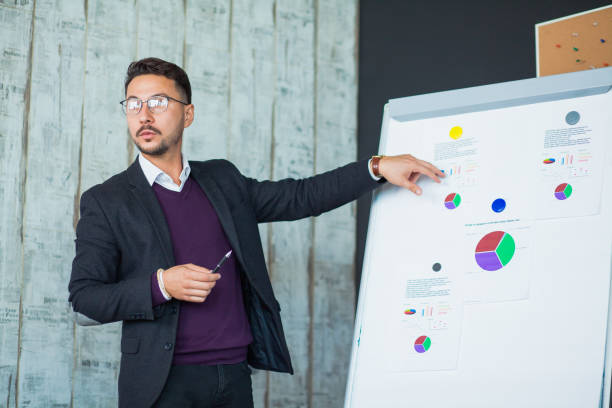 istock Young hipster businessman perform his ideas on white chalkboard 1147399315