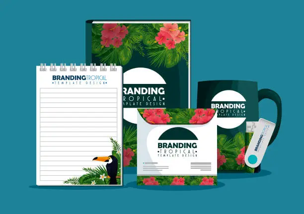 Vector illustration of notebooks with coffee cup and cd envelope with tropical design