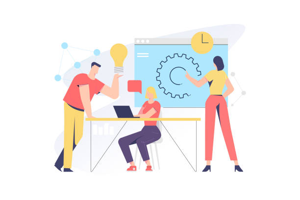 Teamwork related, vector illustration concept for application and website development Teamwork related, vector illustration concept for application and website development. The illustration contains business people, employees, clients, men and woman characters. entrepreneur stock illustrations