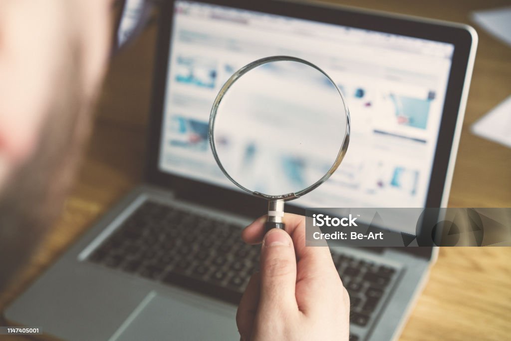 Searching On Internet Concept Adult, Business, Businessman, Computer,Search Magnifying Glass Stock Photo