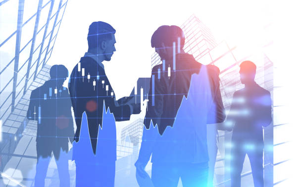 istock Business partners in city, forex graph 1147408742