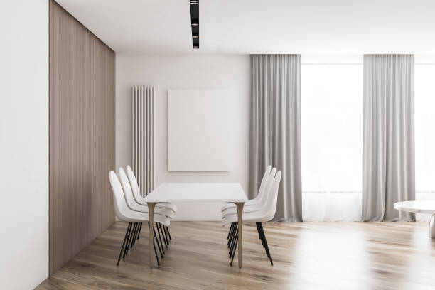 istock White restaurant interior with wooden tables, chairs. 3d render 1147409259