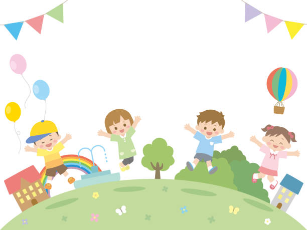 дети прыгают2 - balloon child elementary age people stock illustrations