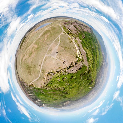 This image is a 360º panoramic image captured by drone and displayed in \