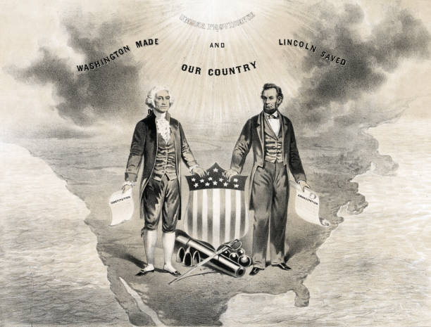 George Washington, Abraham Lincoln, and the USA Vintage illustration features George Washington (maker of the country) and Abraham Lincoln (savior of the country) standing on a miniaturized continent of North America. emancipation proclamation stock illustrations