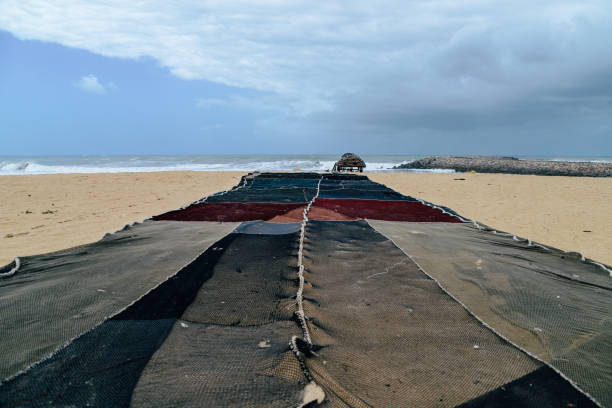 beach with fishing net in espinho near porto, portugal - enviromentalism imagens e fotografias de stock