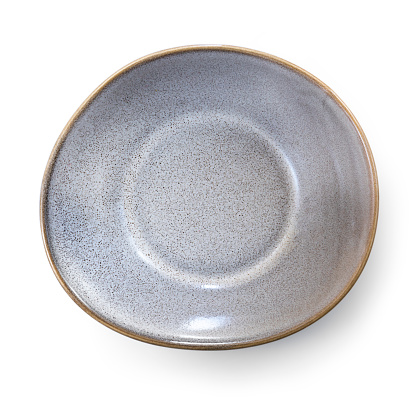 Empty gray stoneware dish.  Top view, isolated on white.
