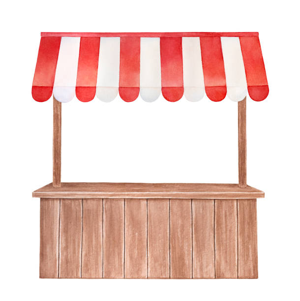 ilustrações de stock, clip art, desenhos animados e ícones de watercolor illustration of wooden stall with red and white striped canopy, front view. cute outdoor store symbol. handdrawn water color graphic drawing, cutout clipart element for design, card, print. - wood table