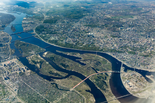 Aerial view on the Dnieper river and Kiev. Aerial view on the terrain of  Dnieper river and Kiev. dnieper river stock pictures, royalty-free photos & images