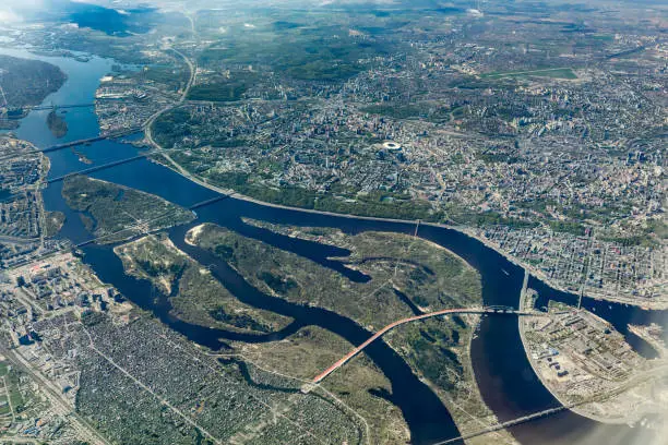Aerial view on the terrain of  Dnieper river and Kiev.