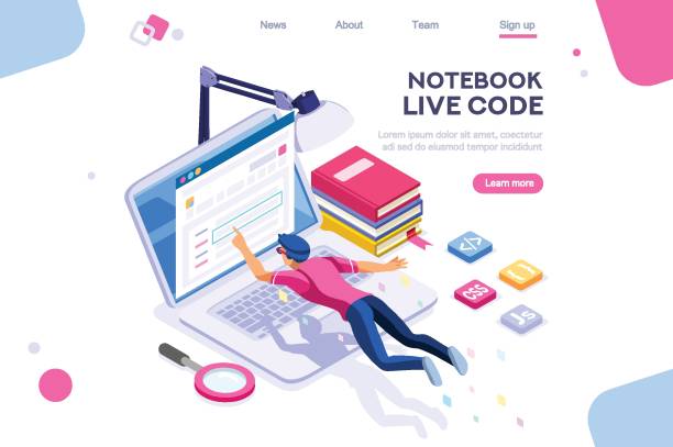 E-Learning Notebook Live Code Media book library concept. E-book, reading an ebook to study on e-library at school. E-learning online archive. Flat Isometric characters vector illustration. Landing page for web. Notebook Live Code jupiter stock illustrations