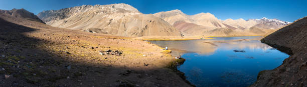 Andes mountains in the extreme south of the planet rising almost 7,000 masl with Aconcagua mount. It is amazing to enjoy it valleys, it wilderness, it loneliness and its amazing landscapes that impress your senses with the power of nature. Chile. la laguna de los patos en la cordillera central de los andes una increíble representación del típico paisaje andino en chile. increíbles vistas a la montaña más alta del sur de los 6, 000m cerro marmolejo. un impresionante paisaje accidentado y color
