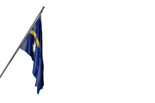 pretty Nauru flag hangs on a diagonal pole isolated on white - any holiday flag 3d illustration