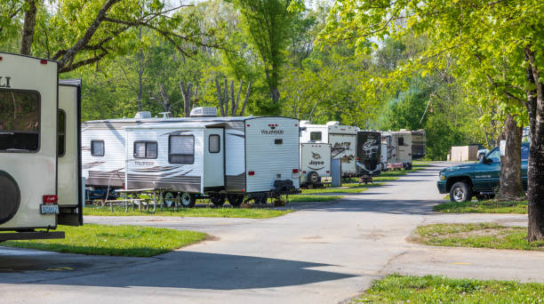 A row of camping trailers in an RV park. stock photo