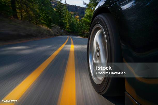 Black Sports Car Motion Country Road Stock Photo - Download Image Now - Car, Tire - Vehicle Part, Road