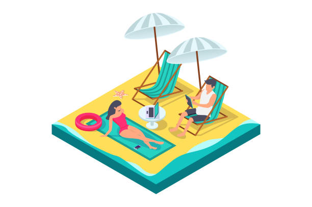 ilustrações de stock, clip art, desenhos animados e ícones de 3d isometric man and woman couple with equipment on beach. - couple laptop computer digital tablet