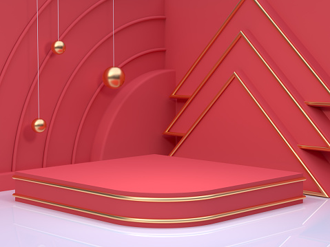 gold sphere red scene wall floor corner abstract minimal christmas holiday new year concept 3d rendering