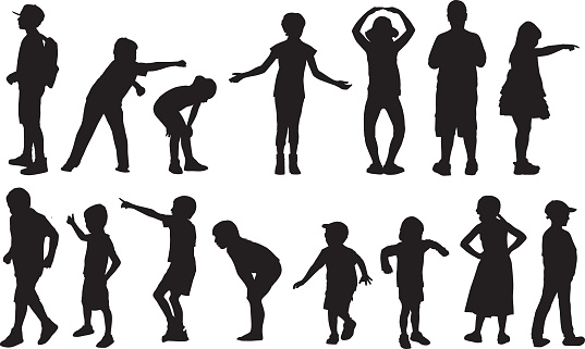 Vector silhouettes of children in various activities.