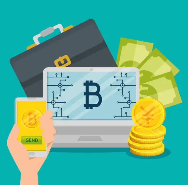 Vector illustration of laptop and smartphone with bitcoin currency and bills