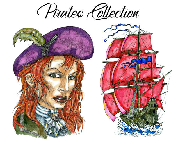 Portrait of woman pirate captain and sailing ship Portrait of woman pirate captain and sailing ship. Hand drawn watercolor nautical illustration in old vintage style with seaman isolated on white, transportation concept sail boat clipart pictures stock illustrations