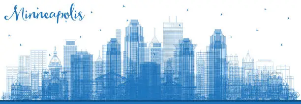 Vector illustration of Outline Minneapolis Minnesota USA Skyline with Blue Buildings.