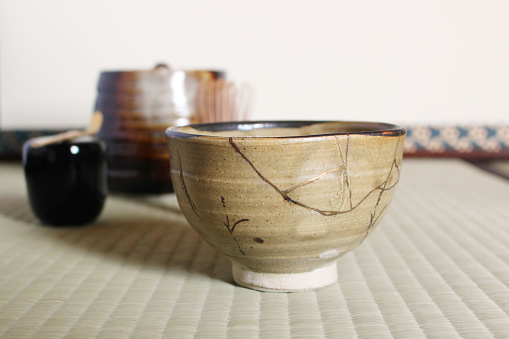 A repair of crack pottery tea cup  at Japanese tea room