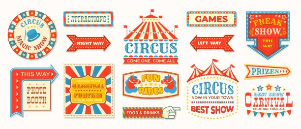 ilustraciones, imágenes clip art, dibujos animados e iconos de stock de etiquetas de circo. cartel de carnaval retro signos, marcos mágicos vintage y elementos de flechas, bienvenidos los saludos del espectáculo. señales circenses vectoriales - circo