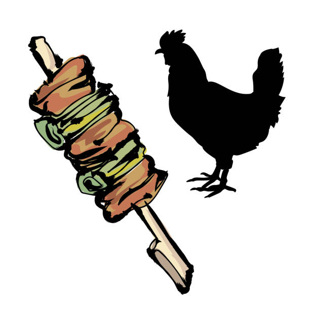 ilustrações, clipart, desenhos animados e ícones de yakitori e galinha, pintura da escova - restaurant chicken roasted spit roasted