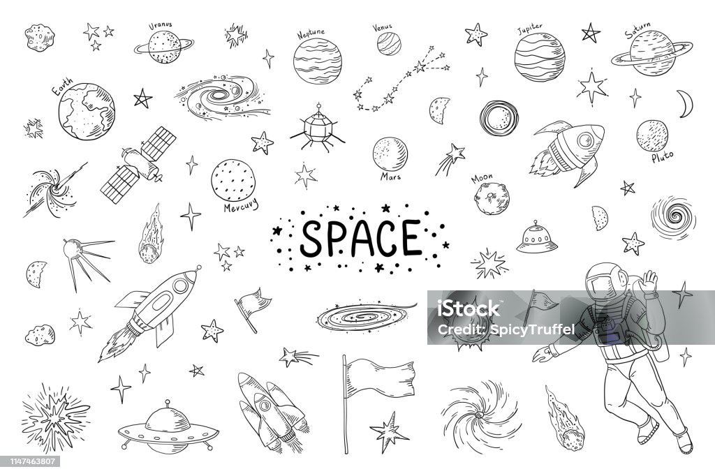 Ilustración de Doodle Space Patrón De Universo De Moda Astronauta Estrella  De Meteorito Cohetes De La Astronomía Elementos Los Elementos Vectoriales  Del Boceto Del Lápiz Cósmico y más Vectores Libres de Derechos