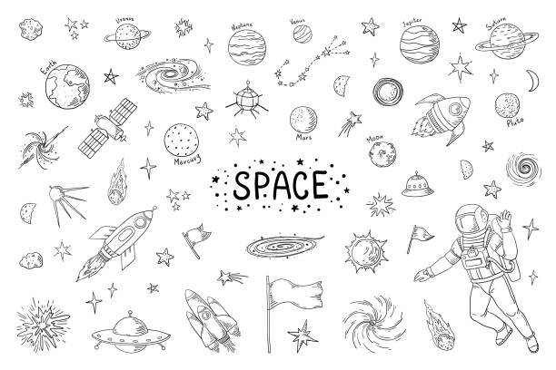 Doodle space. Trendy universe pattern, star astronaut meteor rocket comet astronomy elements. Vector cosmic pencil sketch elements Doodle space. Trendy universe pattern, star astronaut meteor rocket comet astronomy elements. Vector cosmic pencil sketch elements drawing solar system stock illustrations