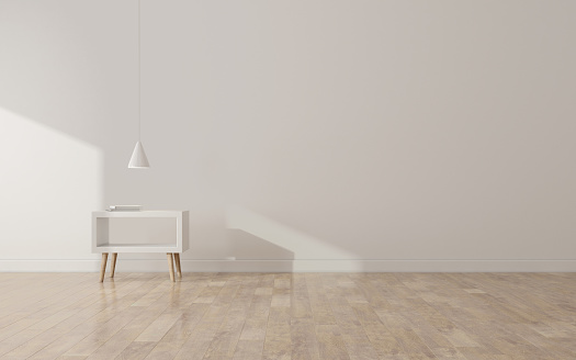 View of living room space with small white table and hanging lamp on wood wall and laminate floor.Perspective of minimal Interior design. 3d rendering.