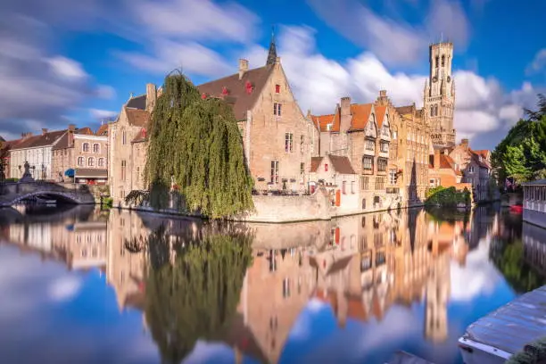 Photo of Long exposure Idyllic blurred Rozenhoedkaai at sunrise – Bruges medieval old town - Belgium
