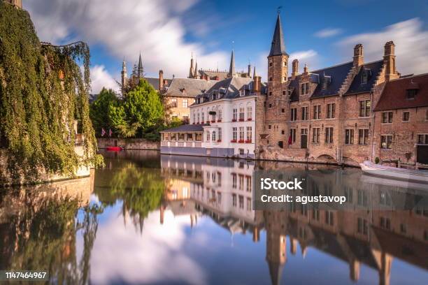 Long Exposure Idyllic Blurred Rozenhoedkaai At Sunrise Bruges Belgium Stock Photo - Download Image Now