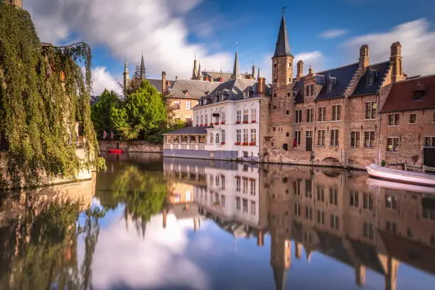 Long exposure Idyllic blurred Rozenhoedkaai at sunrise – Bruges medieval old town - Belgium